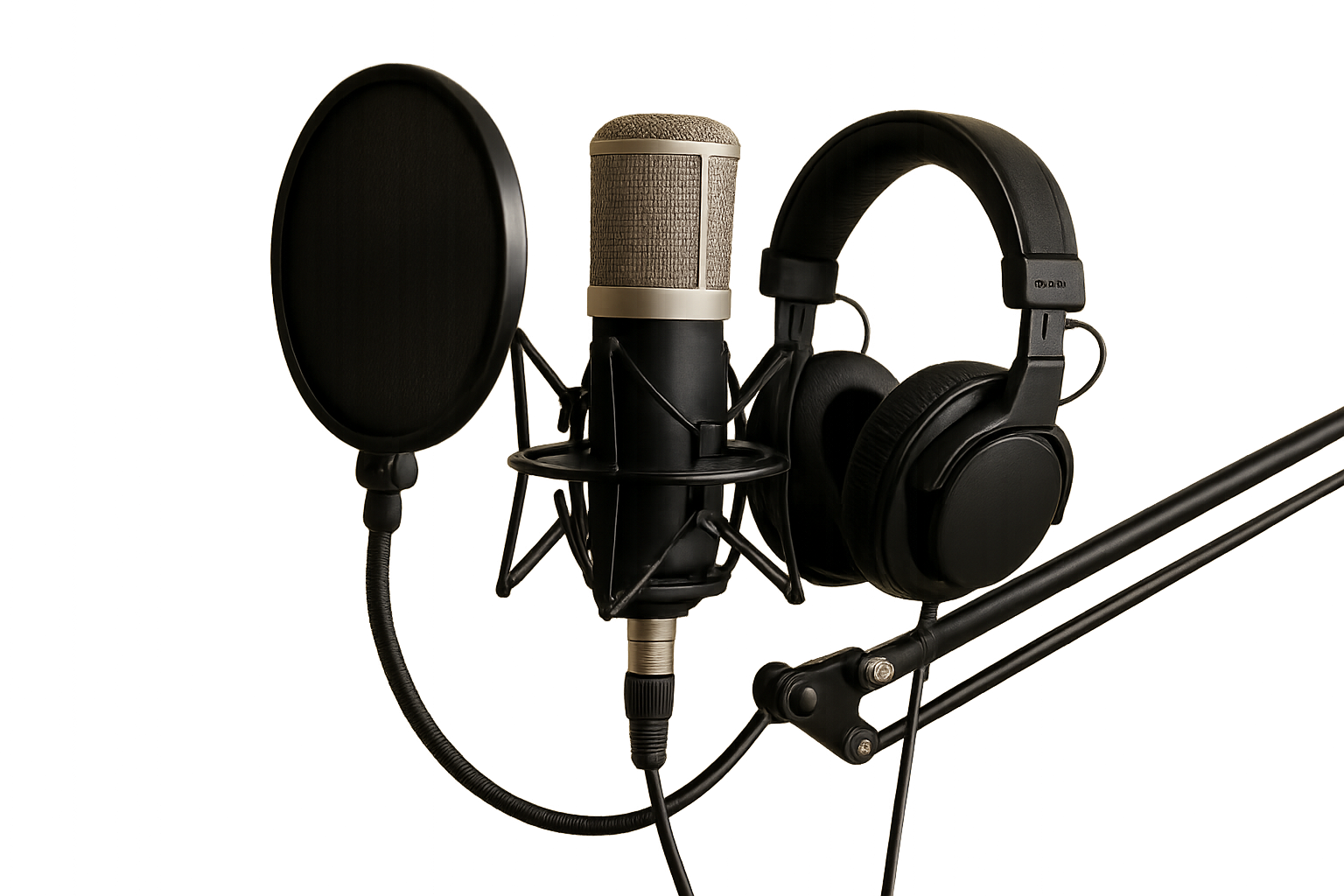 En professionel mikrofon med popfilter og et par sorte hovedtelefoner hænger på en mikrofonarm foran en gylden baggrund, klar til lyd- eller podcastoptagelse.